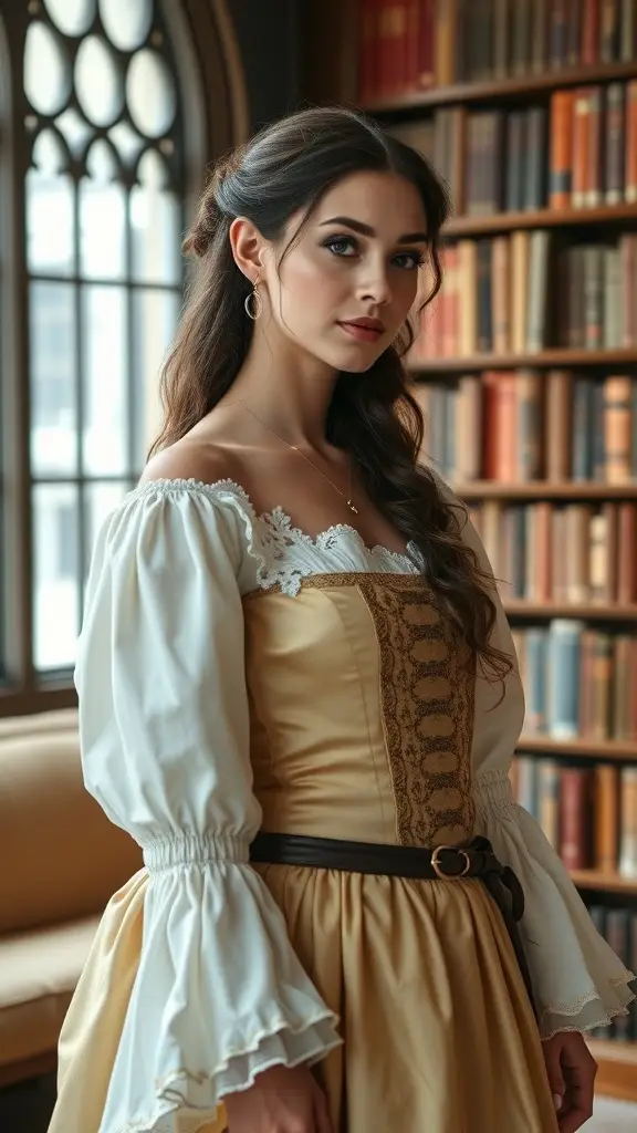 A medieval gown displayed in a library, featuring intricate embroidery and a regal silhouette.