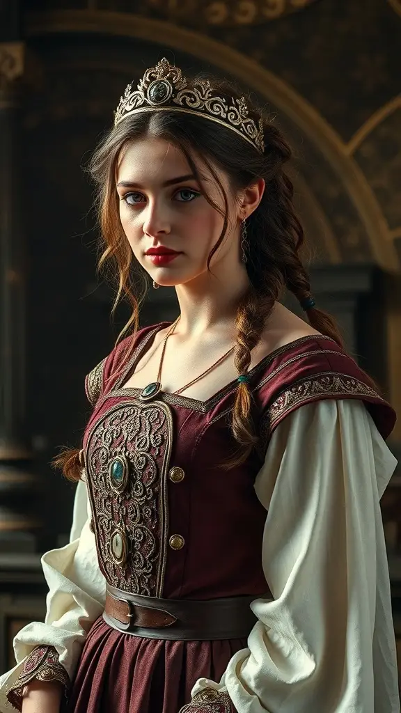 A timeline showing the evolution of Medieval Princess dresses from 187 to 2019, featuring various styles and fabrics.