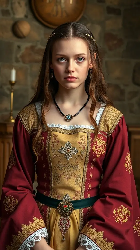 Portrait of a Medieval Princess in a richly embroidered gown with a regal silhouette, set against a stone wall.