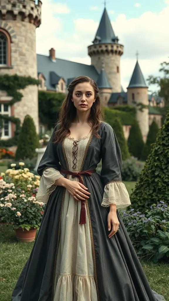 A medieval gown with puffed sleeves and lace detailing, displayed on a mannequin outdoors.