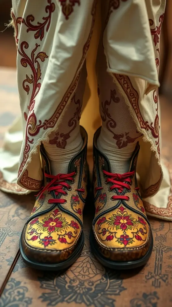 A close-up of intricately designed boots worn by a Medieval Princess, showcasing floral embroidery and elegant laces.