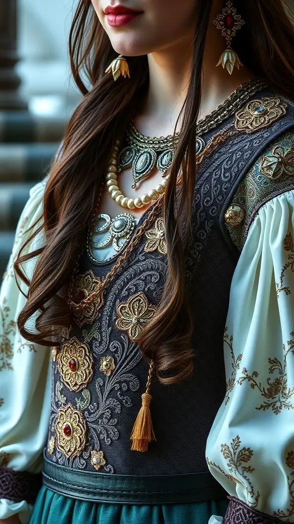 A close-up of a Medieval Princess's dress featuring intricate embroidery, velvet fabrics, and elegant accessories.