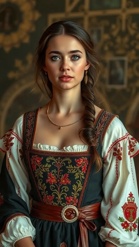 A figure in medieval attire with intricate embroidery, showcasing the elegance and status of a Medieval Princess.