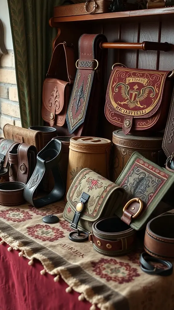 An assortment of medieval embroidered bags and belts displayed on a table.