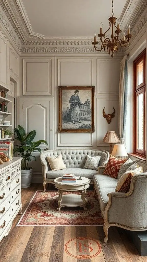 Cozy living room featuring vintage hand painted furniture, a tufted sofa, and elegant decor.