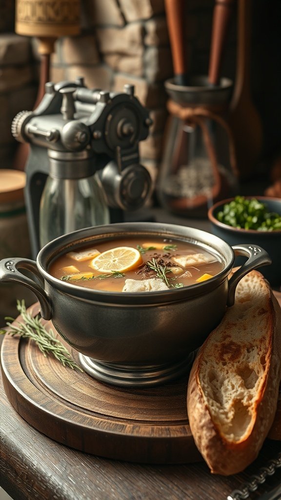 A pot of nourishing broth with vegetables and herbs, accompanied by crusty bread.