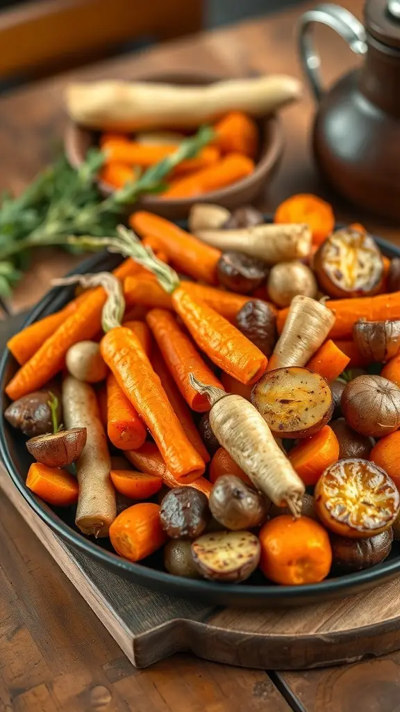 A plate of assorted roasted root vegetables including carrots, parsnips, and potatoes, beautifully arranged.