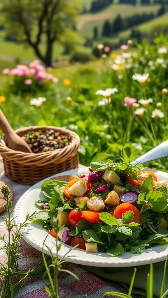 A vibrant wild herb salad with fresh greens, cherry tomatoes, and herbs, set against a scenic background of flowers and greenery.