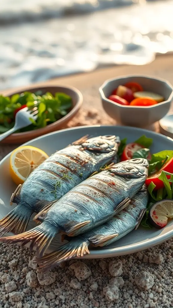 Grilled fish served with salad and lemon on a beach setting