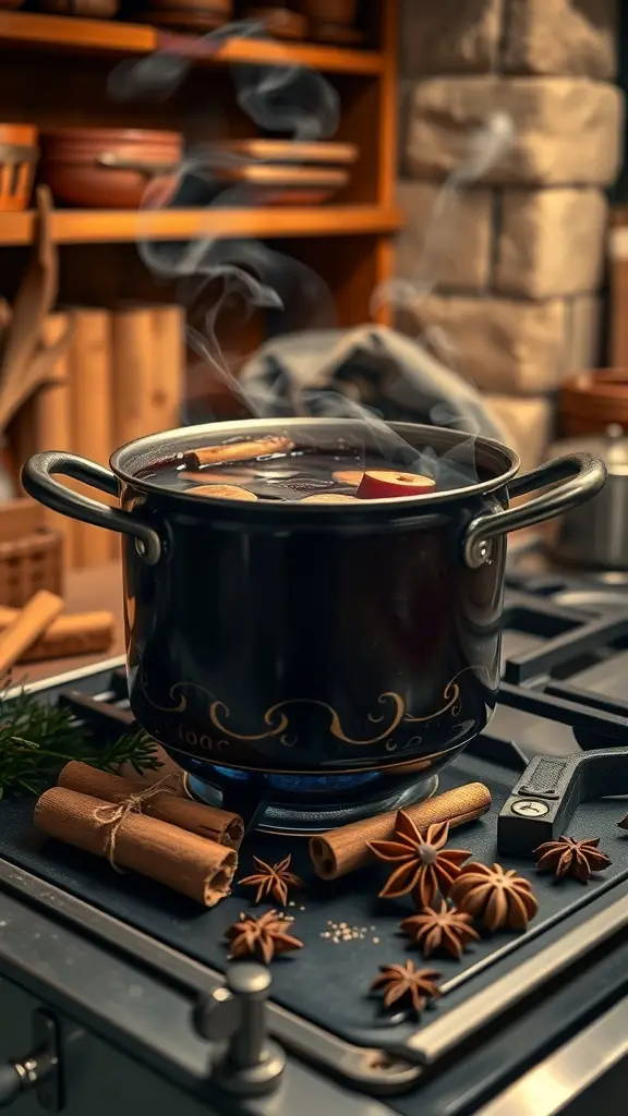 A pot of spiced wine simmering with cinnamon sticks, star anise, and slices of apple and orange.