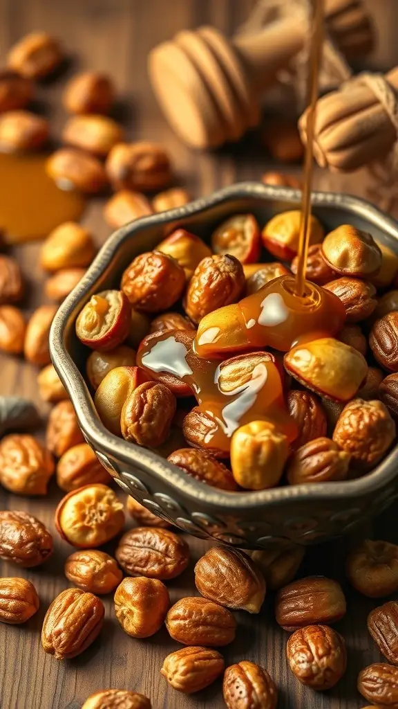 A bowl of honeyed nuts with honey being drizzled over them.