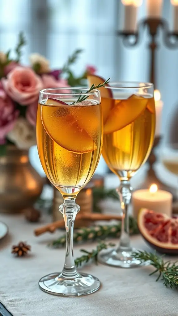 Two elegant glasses of fruity mead garnished with peach slices and rosemary, surrounded by flowers and candles.