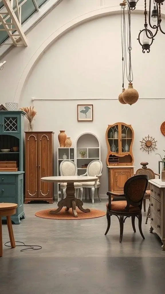 A display of vintage hand-painted furniture in a bright, airy room