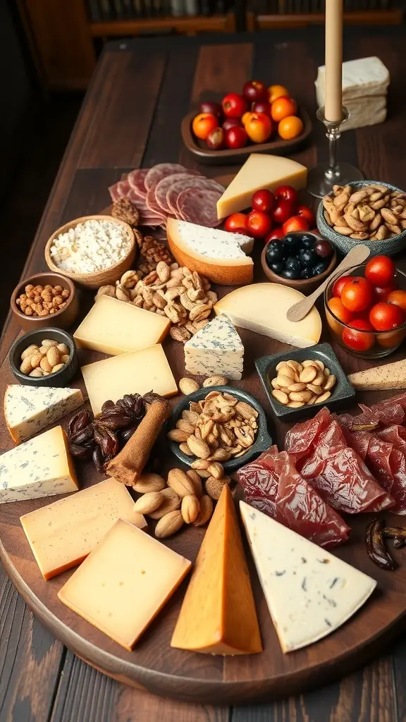 A beautifully arranged cheese and charcuterie board featuring various cheeses, cured meats, nuts, and fresh fruits.