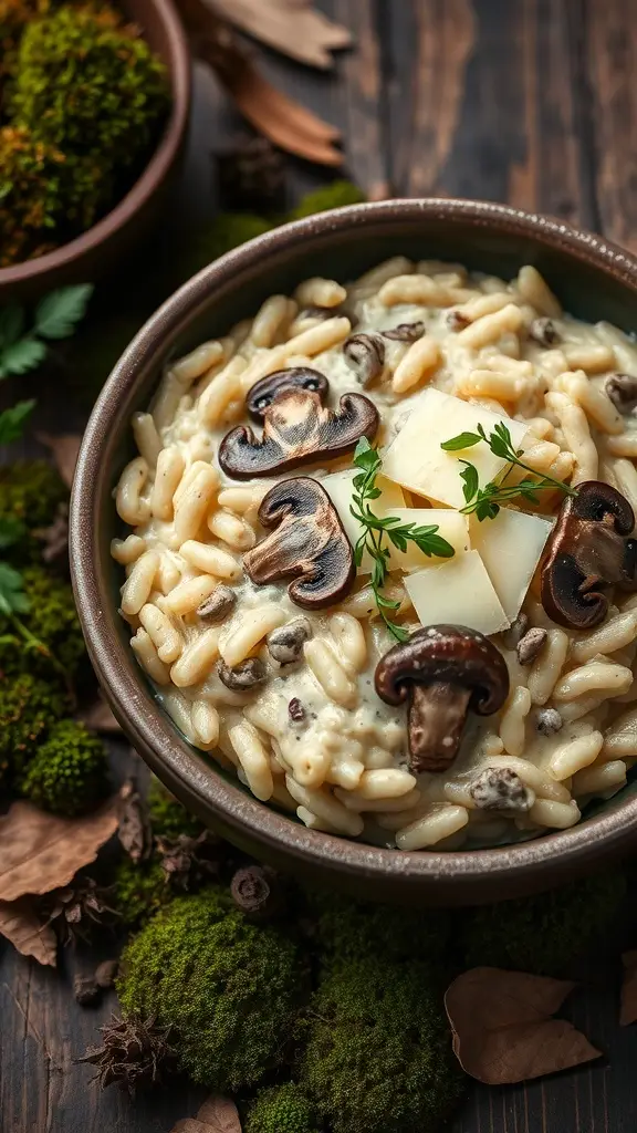 A bowl of creamy mushroom risotto garnished with mushrooms and parsley, surrounded by moss and leaves.