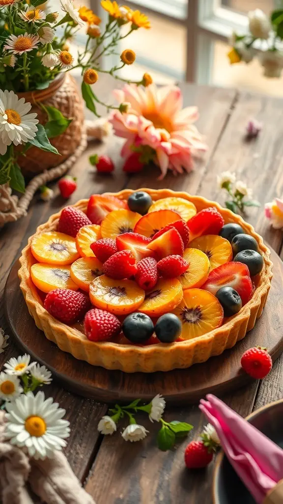 A colorful seasonal fruit tart topped with strawberries, blueberries, and peaches, surrounded by flowers on a wooden table.