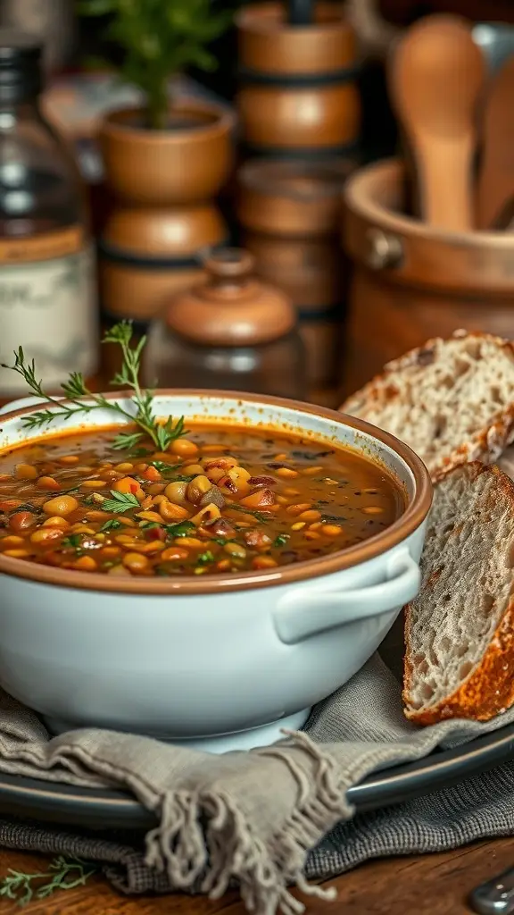 A bowl of spiced lentil soup with herbs and a slice of bread on the side.