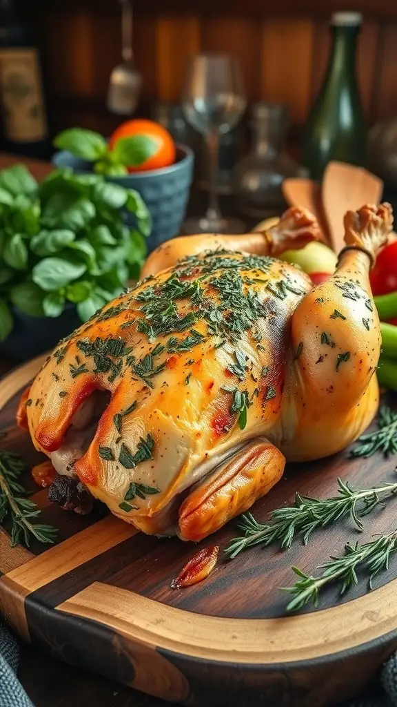 A beautifully roasted herb-crusted chicken on a wooden platter, surrounded by fresh herbs and vegetables.