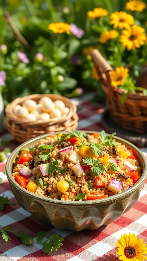 A colorful quinoa salad with bell peppers, corn, and herbs in a bowl, set against a backdrop of flowers.