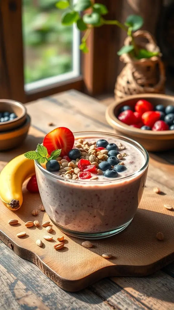 A vibrant smoothie bowl topped with berries, granola, and mint leaves, set on a wooden table.