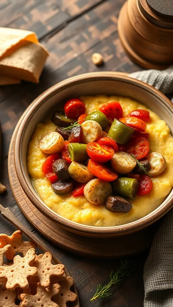 A bowl of creamy polenta topped with colorful seasonal vegetables, served with crackers on the side.