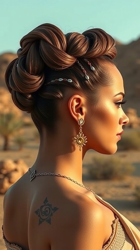 A woman with a sophisticated updo hairstyle, inspired by medieval styles, wearing ornate jewelry and traditional clothing.
