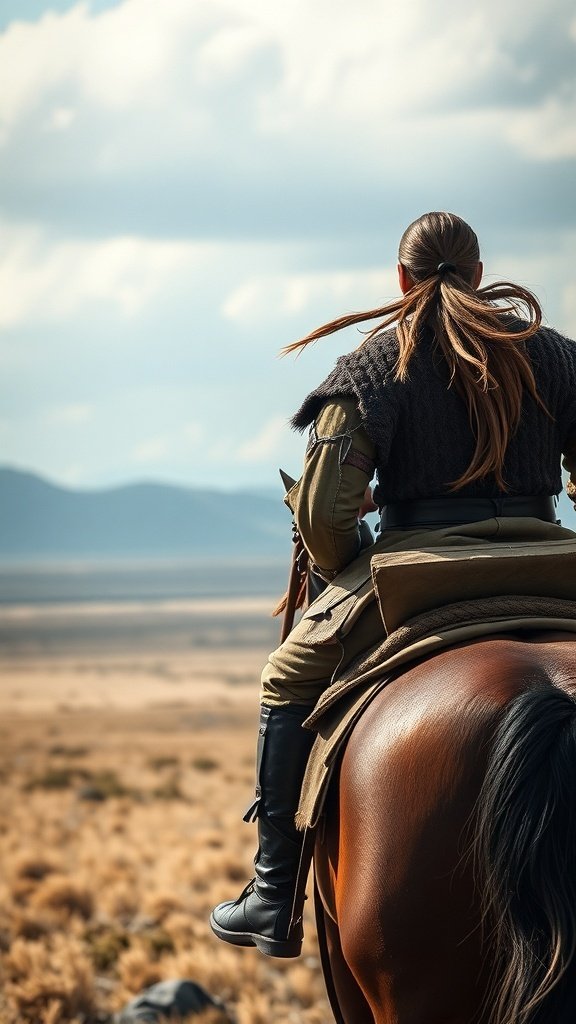 A Dothraki warrior with long hair riding a horse in a vast landscape.