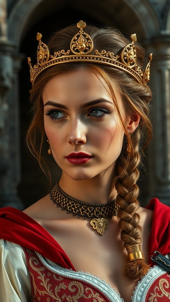 A woman with a golden crown and a braided hairstyle, wearing medieval attire.