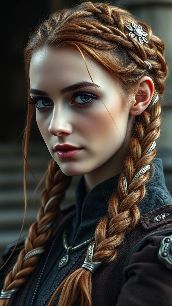 A young woman with intricate braids and silver hair accessories, inspired by Targaryen hairstyles.