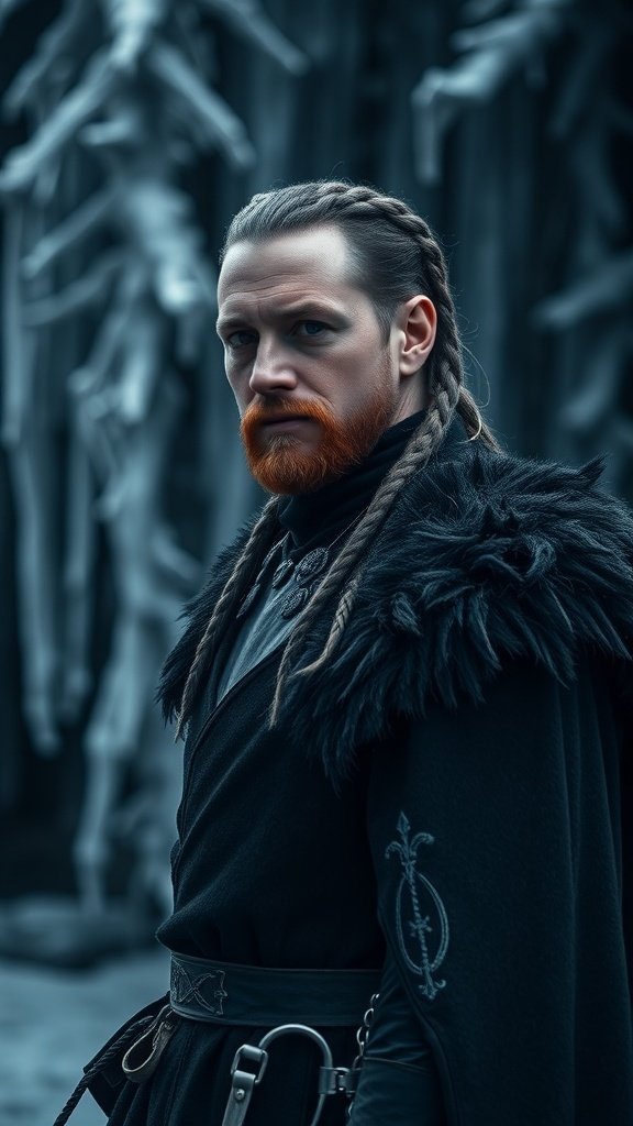 A character from Game of Thrones with a braided crown hairstyle, wearing a dark cloak.