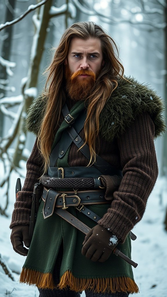 A Wildling man with long hair and a beard, dressed in medieval attire, standing in a snowy forest.