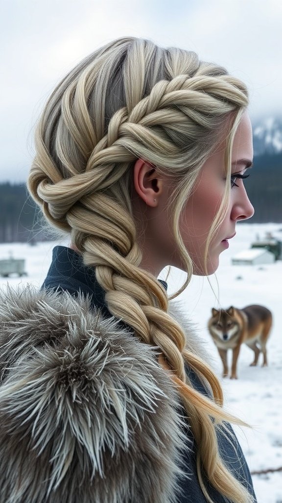 A woman with a braided hairstyle, wearing a fur-lined cloak, with a wolf in the background.