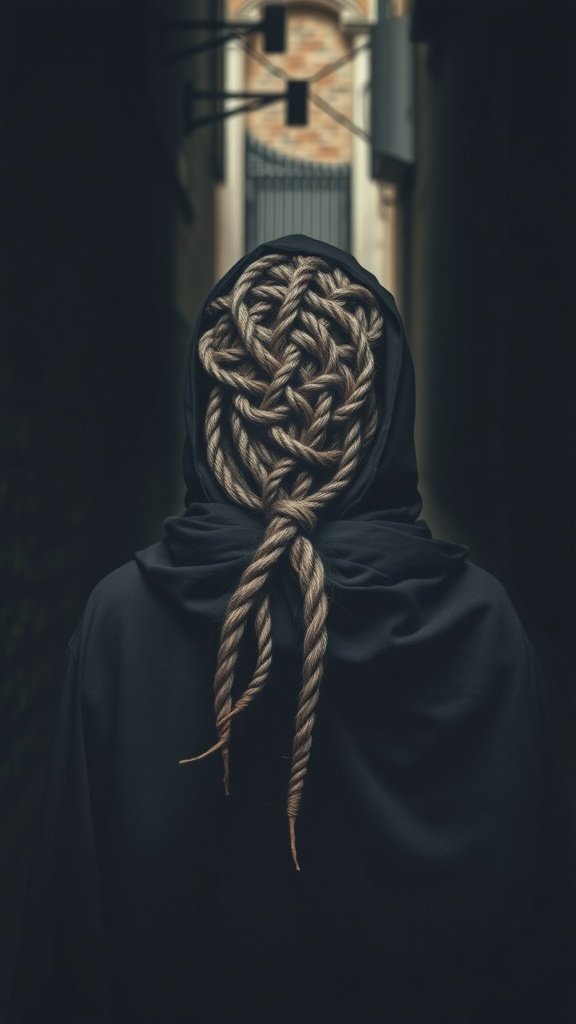 A person with a complex braided hairstyle, reminiscent of medieval styles, viewed from the back in a narrow alley.