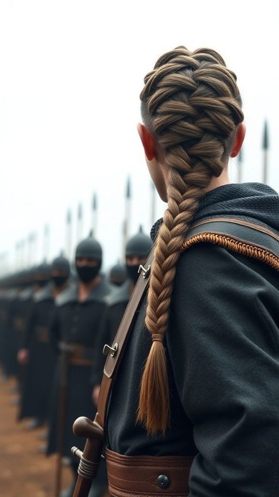 A warrior with an intricate braid, standing in formation with other soldiers.