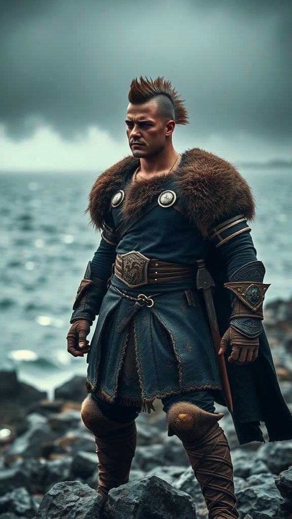 A warrior with a bold mohawk hairstyle, wearing dark medieval attire with fur accents, standing by the sea.