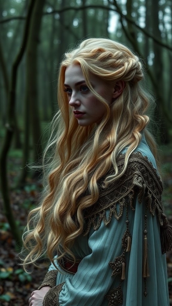 A character with long, flowing hair styled in intricate braids and waves, wearing a medieval-inspired outfit in a forest setting.