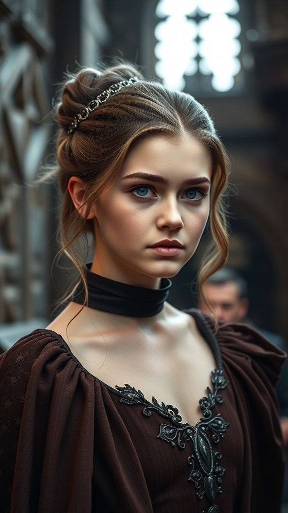 A young woman with a half-updo hairstyle inspired by medieval styles, wearing a brown dress with intricate detailing.
