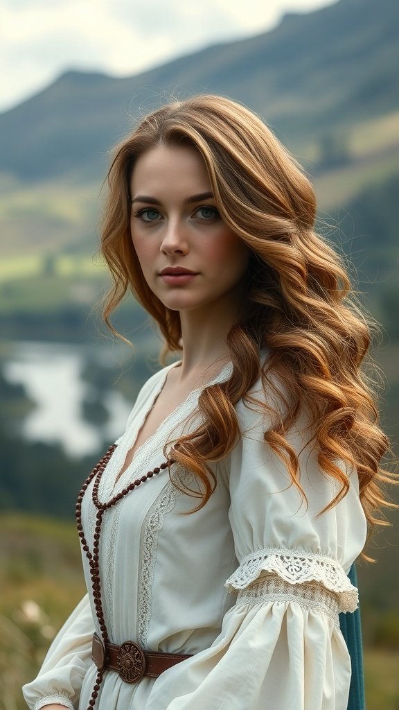 A woman with vintage waves hairstyle, wearing a medieval-style dress, set against a scenic backdrop of mountains and a river.