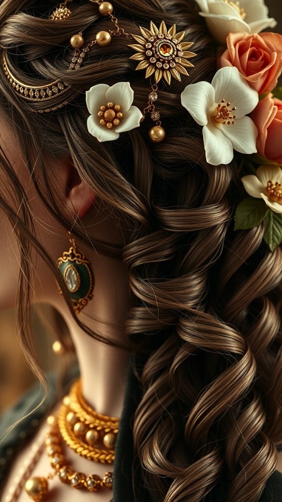 A close-up of a woman's hairstyle featuring intricate curls, decorative flowers, and golden accessories, inspired by medieval styles.