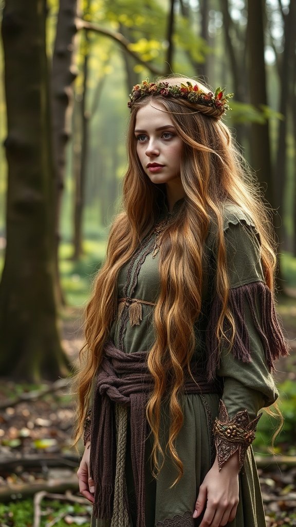 A Free Folk maiden with long flowing hair and a floral crown, standing in a forest.