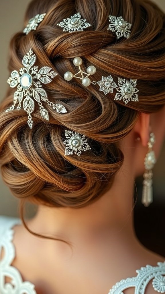 A close-up of a woman with medieval-inspired hairstyle and ornate hair accessories.