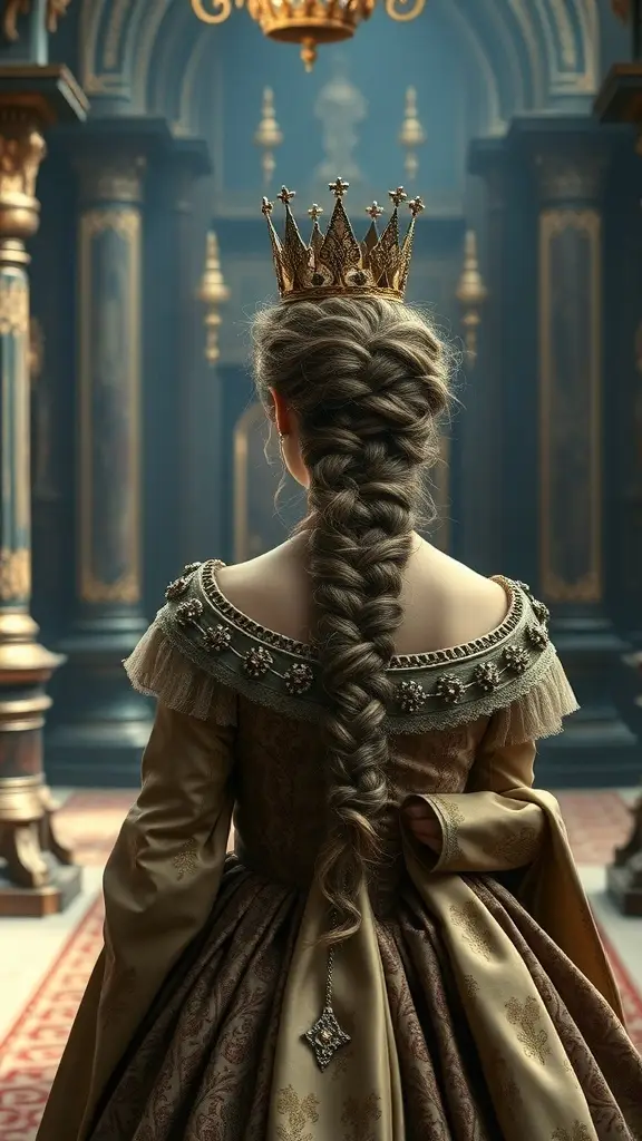 A queen with a crowned braid hairstyle, wearing a beautiful gown and a crown, set in an ornate palace.