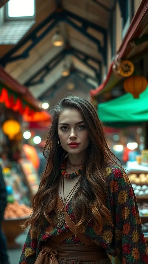 A woman with long, wavy hair styled in bohemian locks, wearing colorful accessories in a market setting.