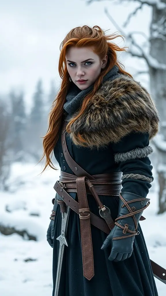 A fierce warrior with long red hair, dressed in medieval attire, standing in a snowy landscape.