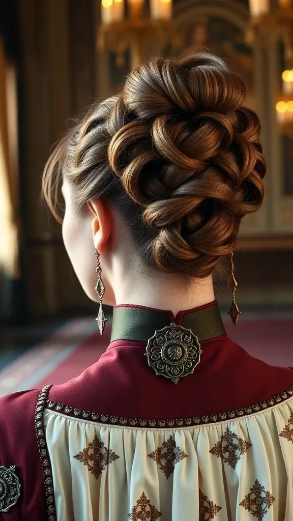 A woman with a noble chignon hairstyle, showcasing intricate braiding and elegant accessories, inspired by medieval hairstyles.