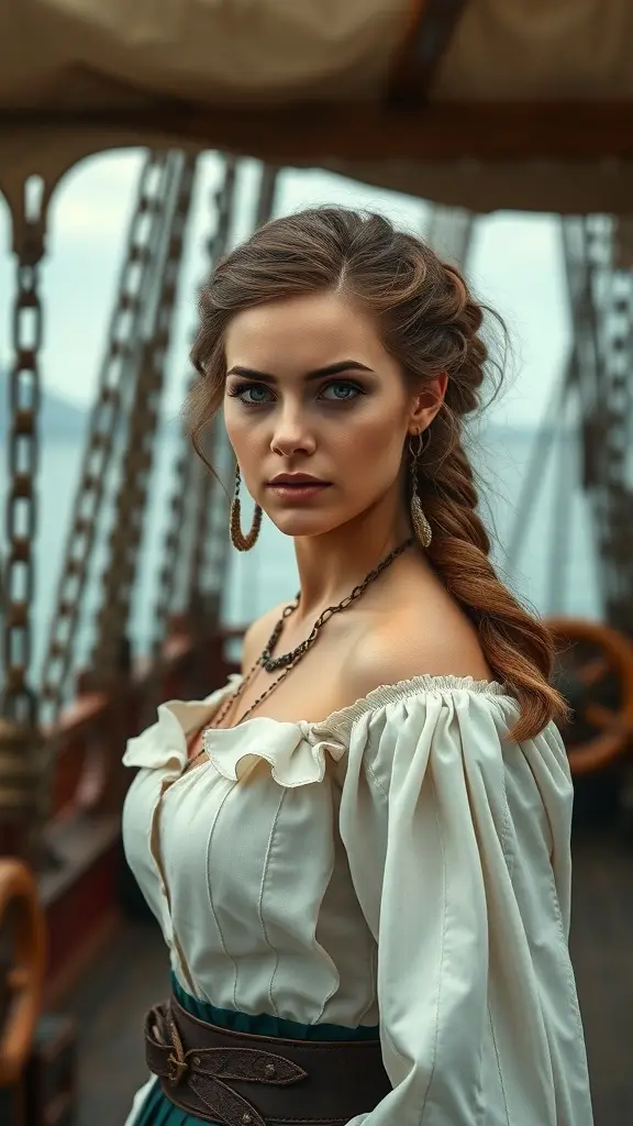 A woman with medieval hairstyle featuring twists and braids, wearing a flowing blouse and standing on a ship.