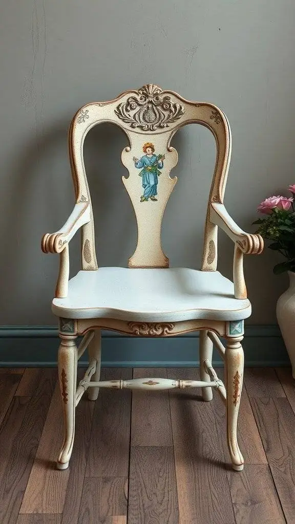 A vintage hand-painted chair with an angel motif, showcasing intricate details and elegant design.
