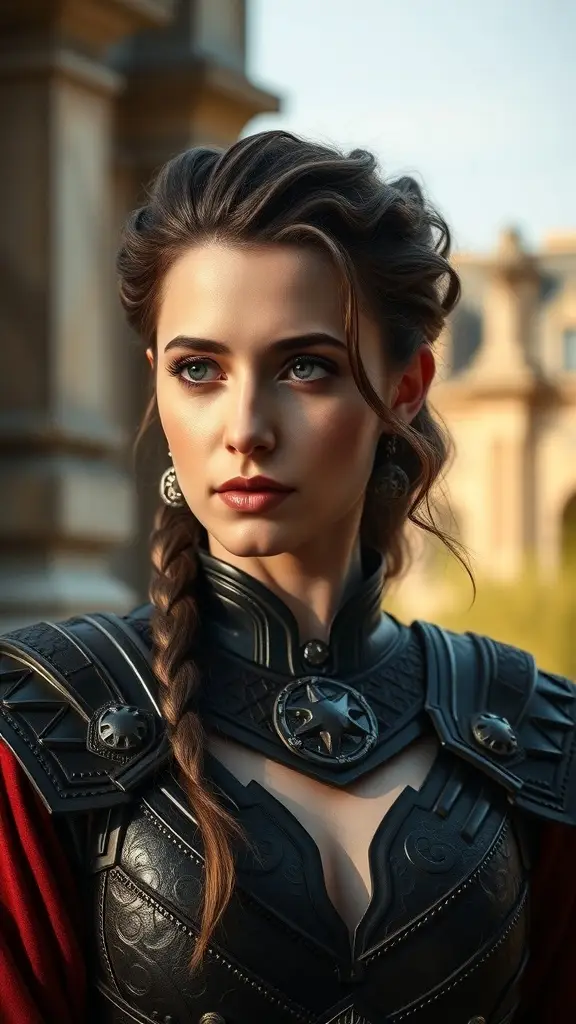 A woman with a medieval hairstyle featuring a braid and loose strands, wearing armor.