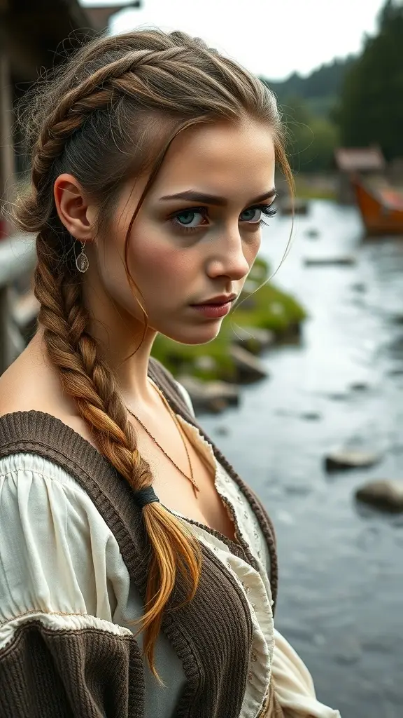 A young woman with a rustic plait hairstyle, standing by a river in a natural setting.