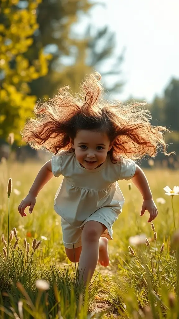 A child running in a field with playful curls and a bright outfit.